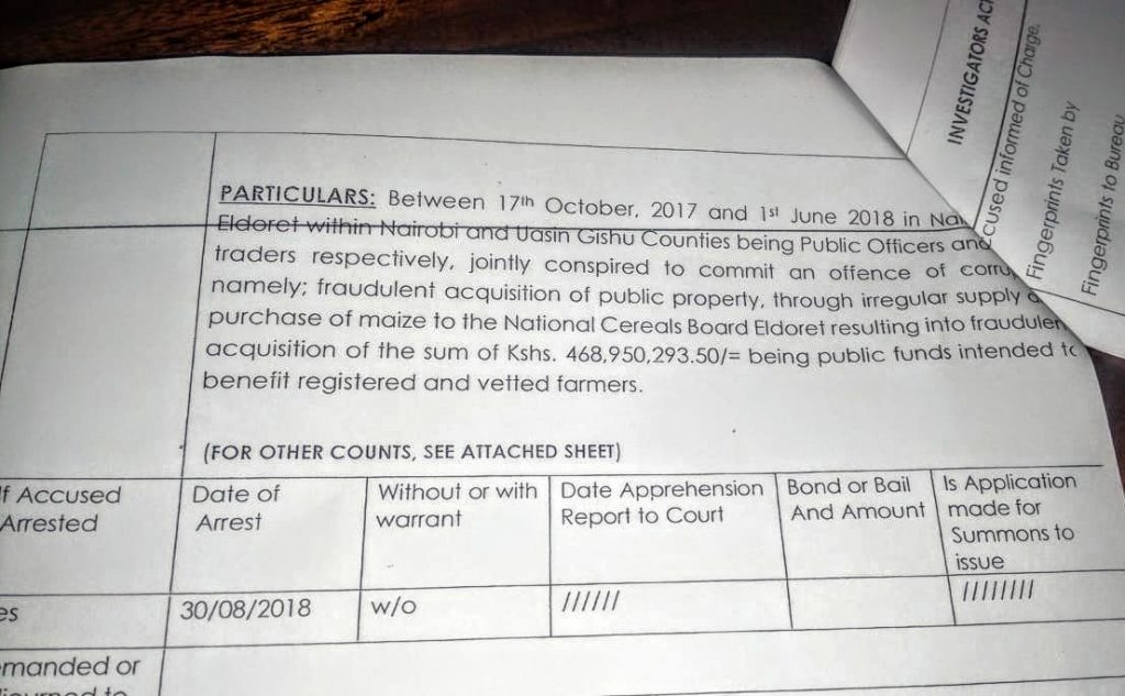 A view of the charge sheet of the charge sheet presented in court. Up to 16 people have been arraigned in the NCPB maize scandal. Photo by: Via News