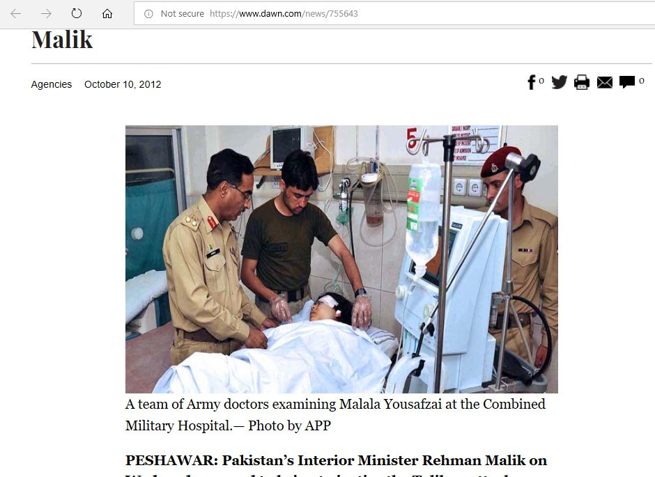 Malala in the hospital on October 10, 2012. Photo by: Courtesy of Dawn.com.