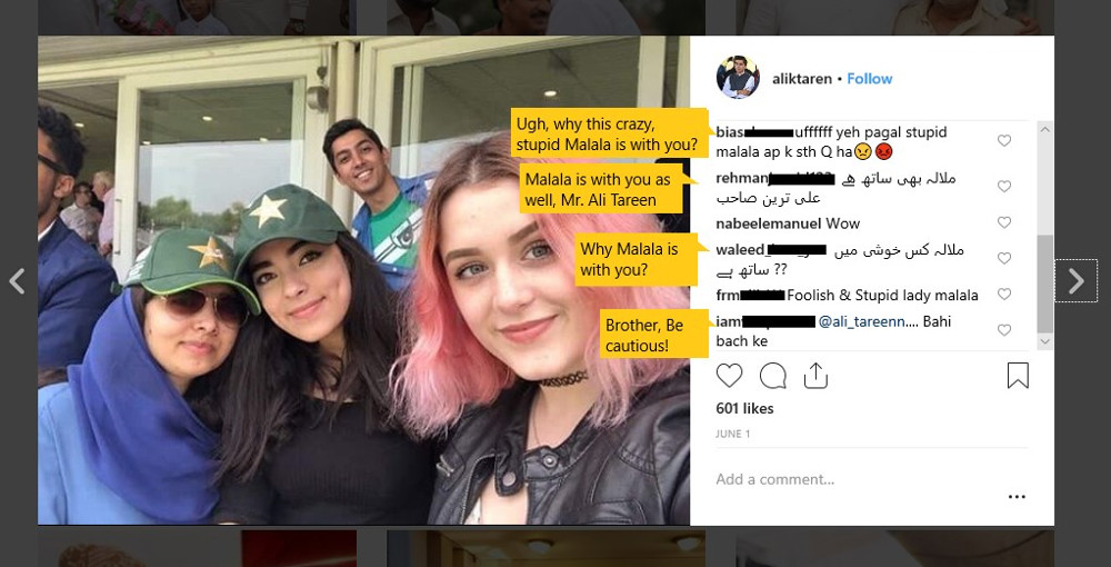 An Instagram friend of Ali Khan Tareen warning his friends to "be cautious," when referring to Malala. Photo by: Instagram of Ali Khan Tareen.