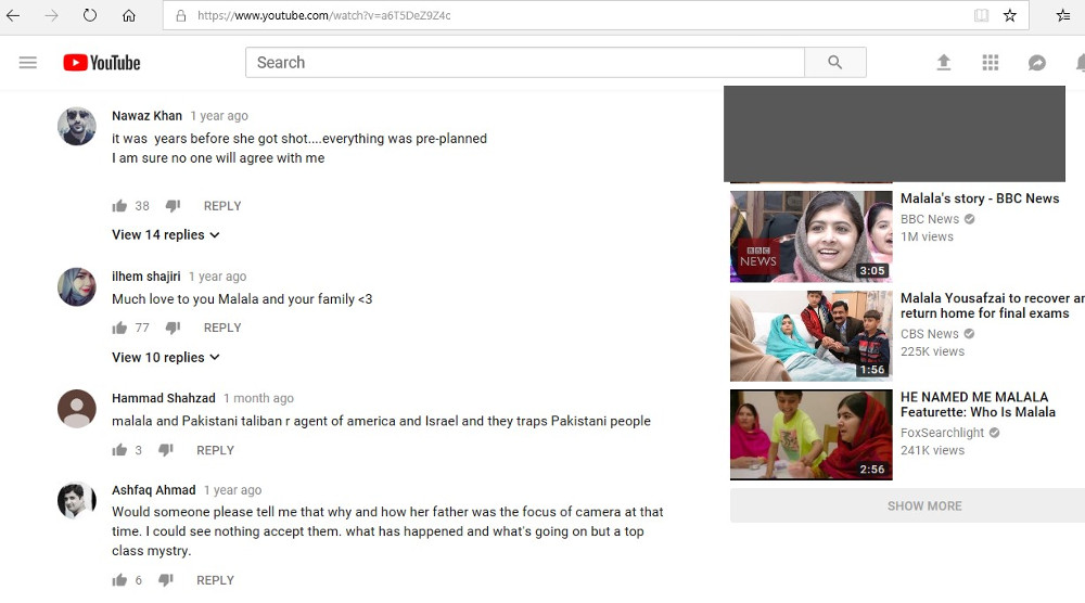 Youtube video comment by Hammad Shahzad: "Malala and Pakistani Taliban are an agent of the United States and Israel against Pakistani people"