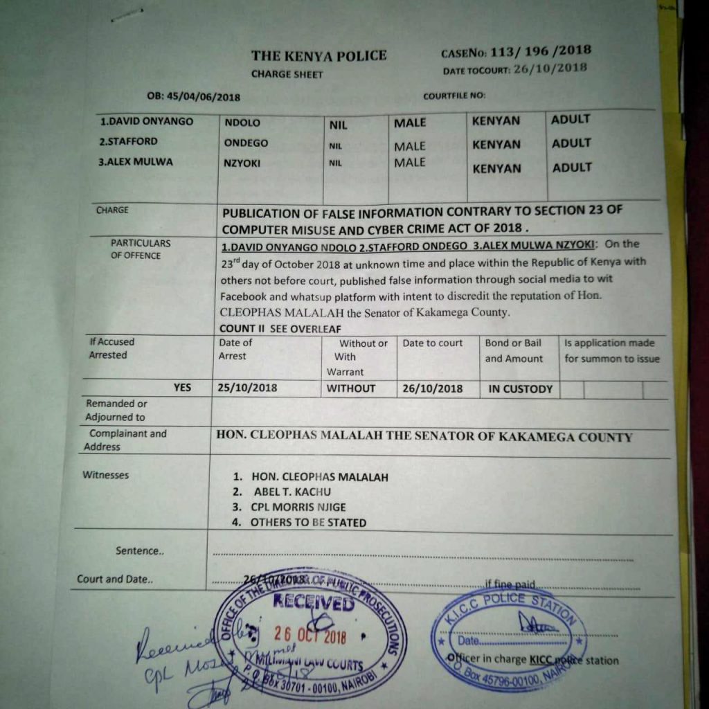 The court charge sheet outlining charges to the three Kenyan journalists. Photo by: ViaNews.