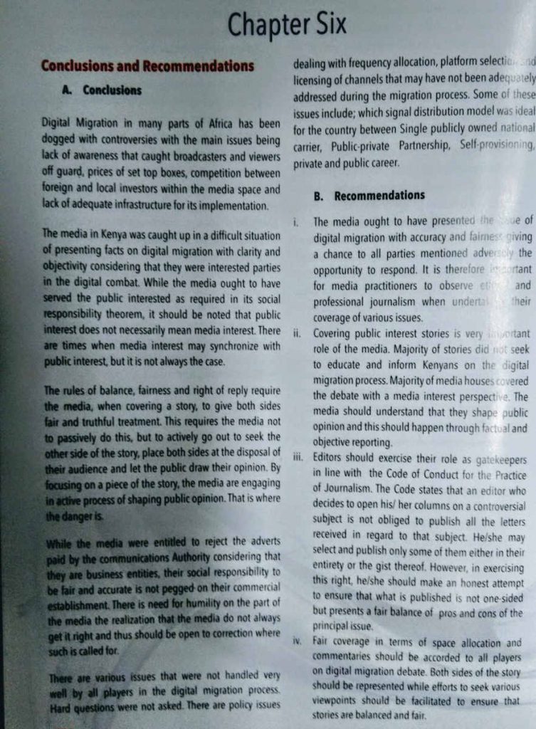 A snippet of Media Council of Kenya's report on the digital TV migration. Photo by: courtesy Telecommunications Management Group.