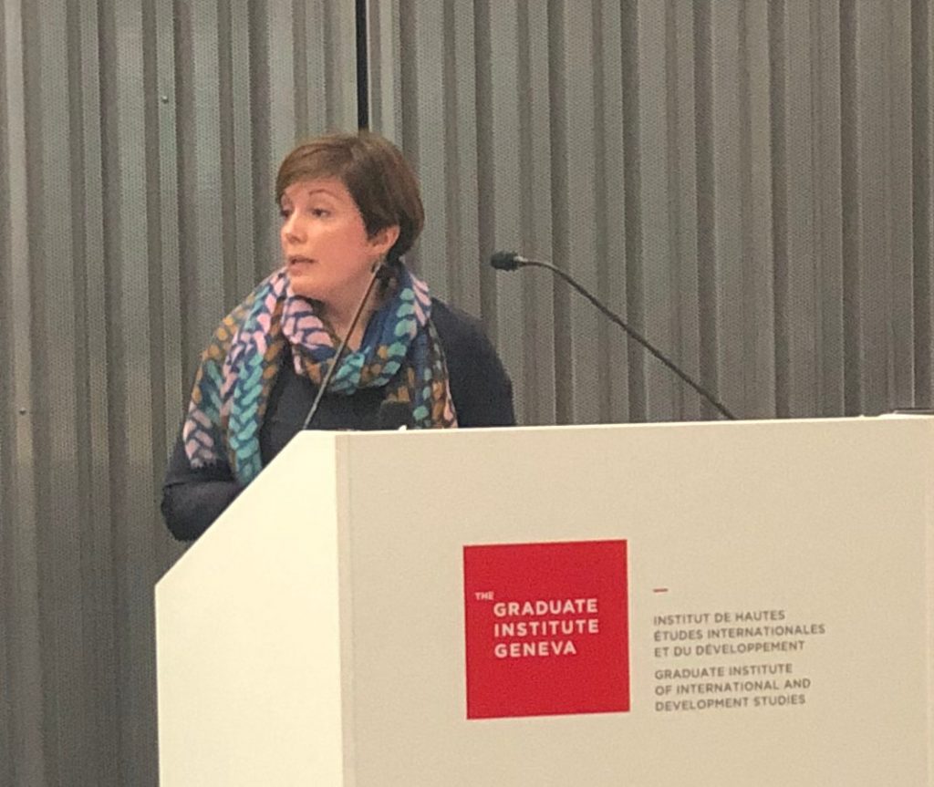Amalia Ribi Forclaz at the Graduate Institute Geneva talk about "Crisis and conflict in Agriculture". Photo by Kimberley Evans.