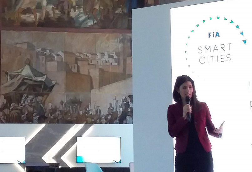 Virginia Raggi, Mayor of Rome, speaking at FIA Smart Cities Forum in Rome. Photo by Cecilia Demartini.
