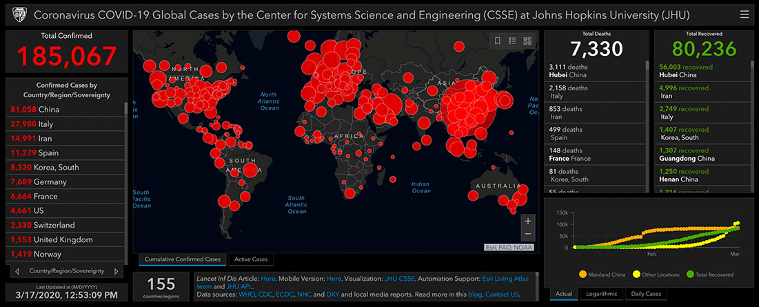 Coronavirus COVID-19 global cases as of March 17 (Photo credit: Center for Systems Science and Engineering at Johns Hopkins University)
