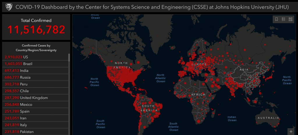 COVID-19 global cases as of July 6 (Photo credit: Johns Hopkins University)